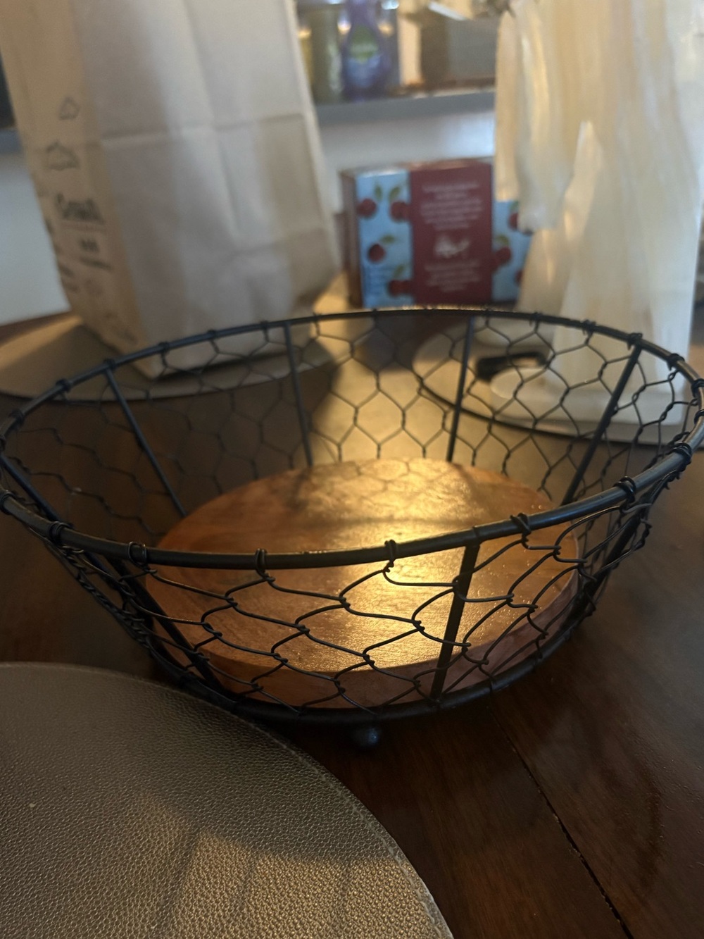 Decorative Black Wire and Brown Wood Accent Fruit Bowl